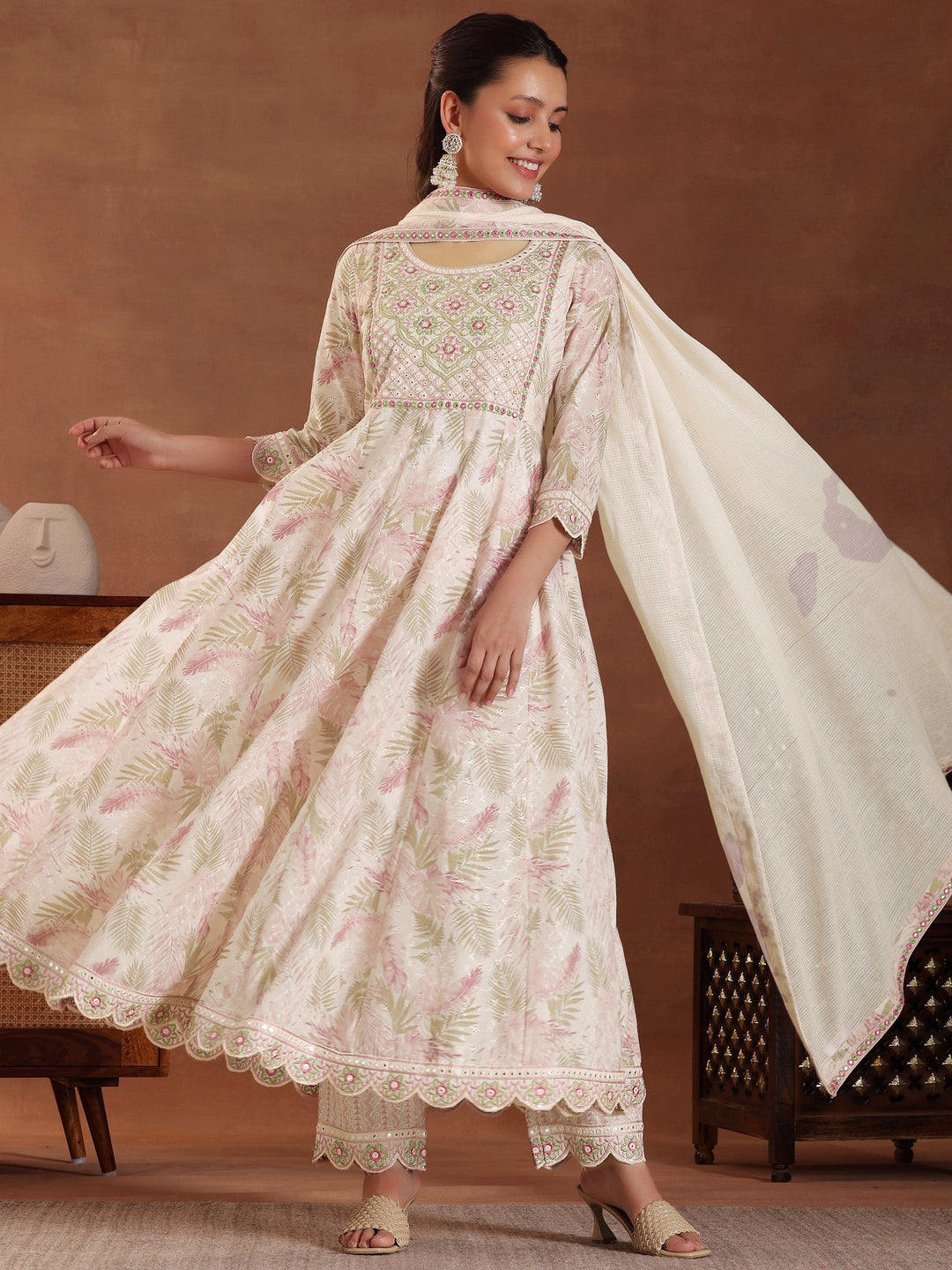 Pink Embroidered Pure Cotton A-line Kurta With Trousers & Dupatta