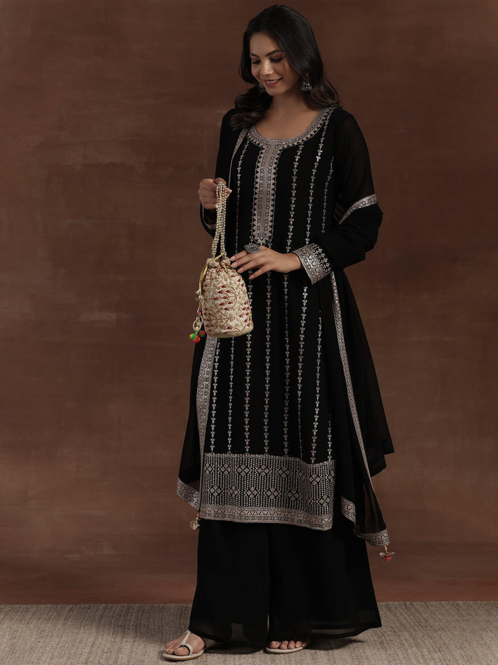 Black Embroidered Georgette Straight Suit With Dupatta