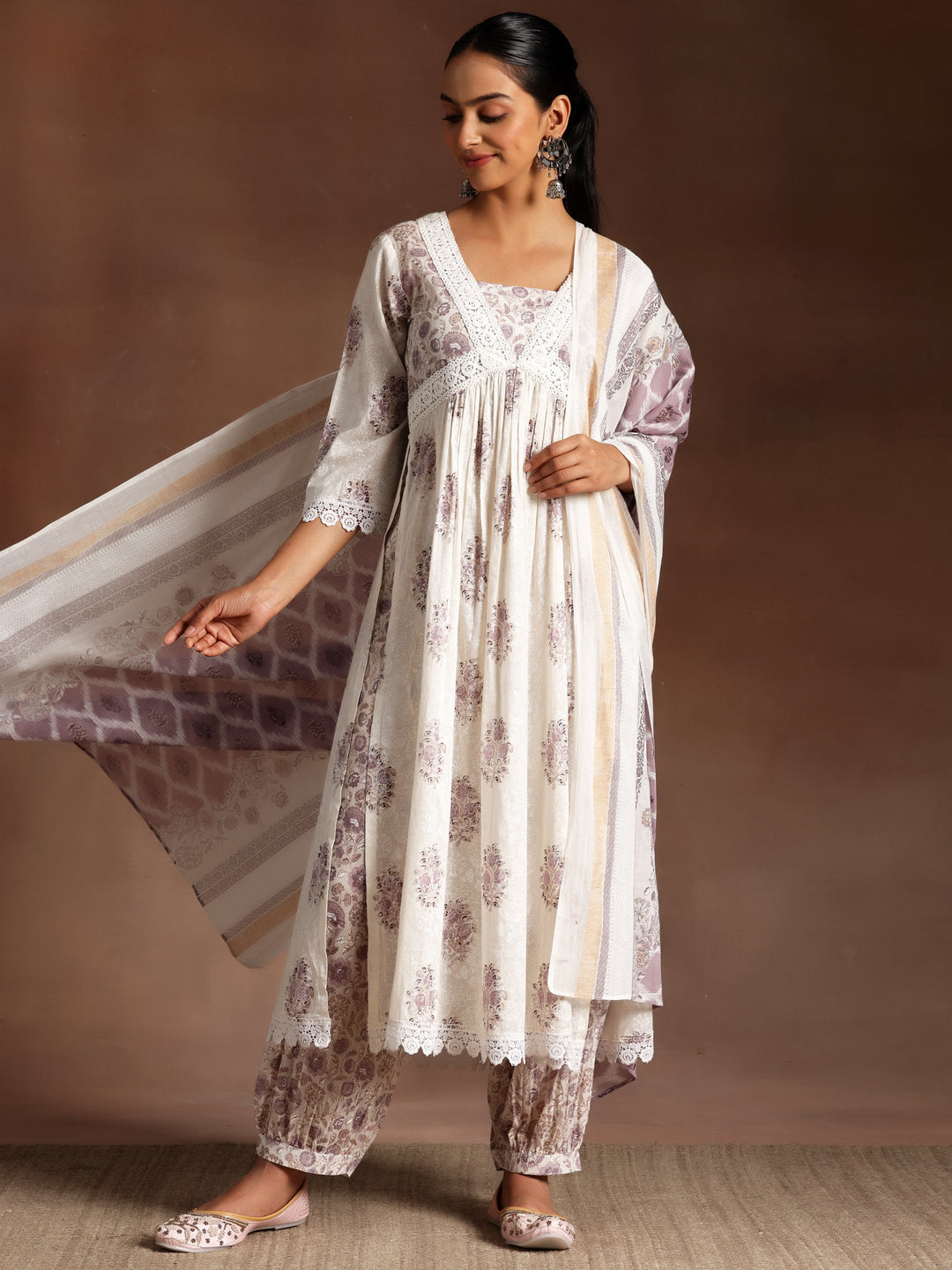 Saundarya White Printed Cotton A-Line Kurta With Salwar & Dupatta