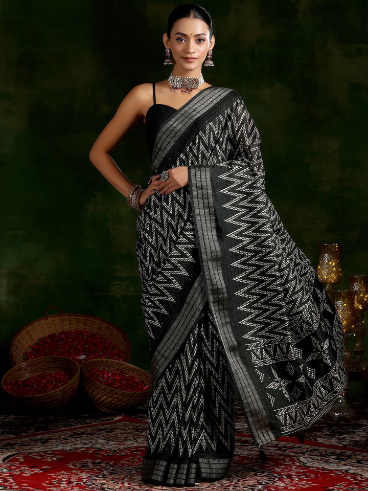 Black Printed Silk Blend Saree With Unstitched Blouse Piece