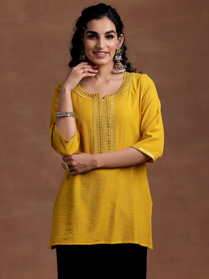 Mustard Self Design Cotton Blend Kurti