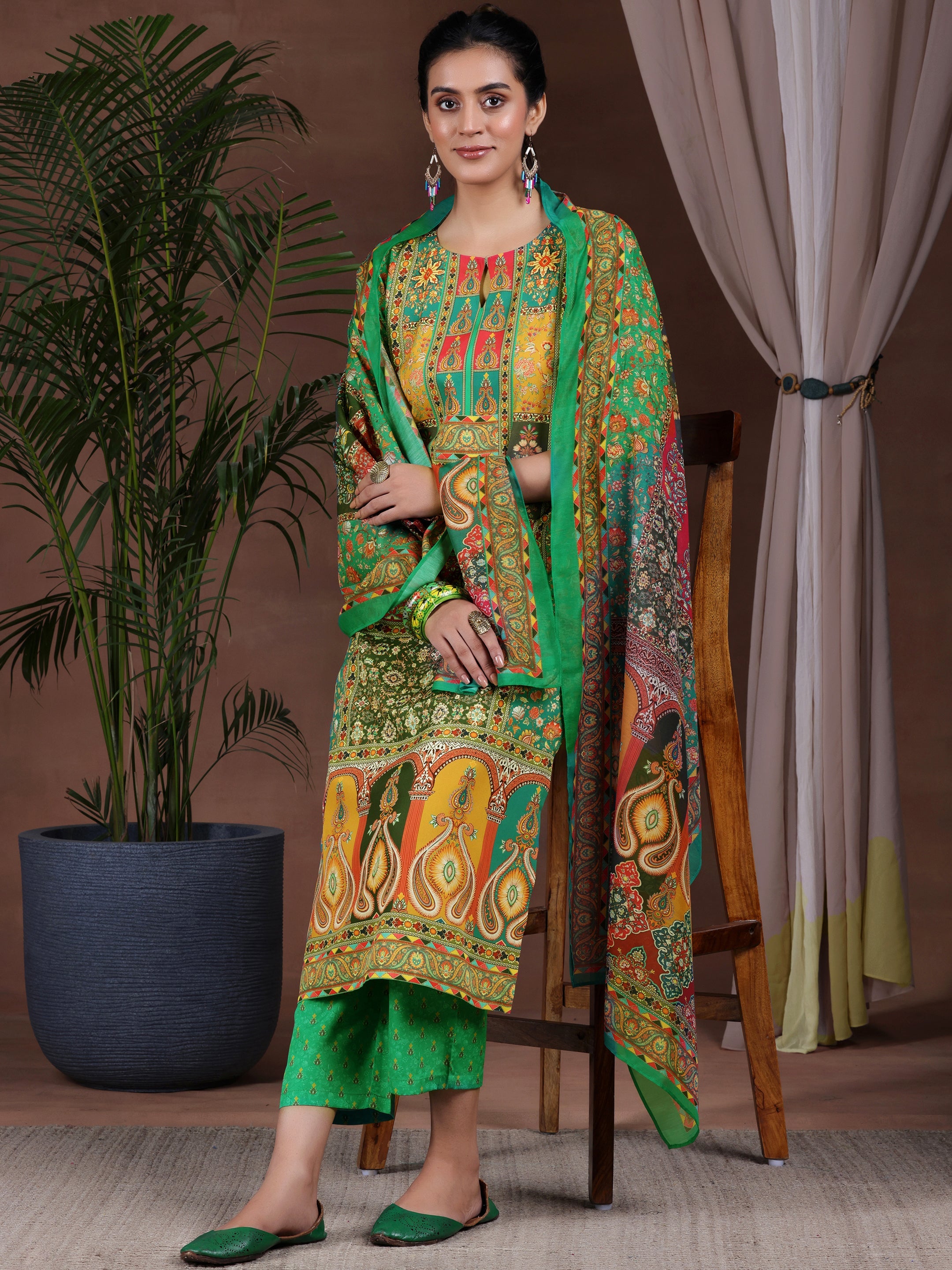 Mustard Printed Poly Crepe Straight Suit With Dupatta