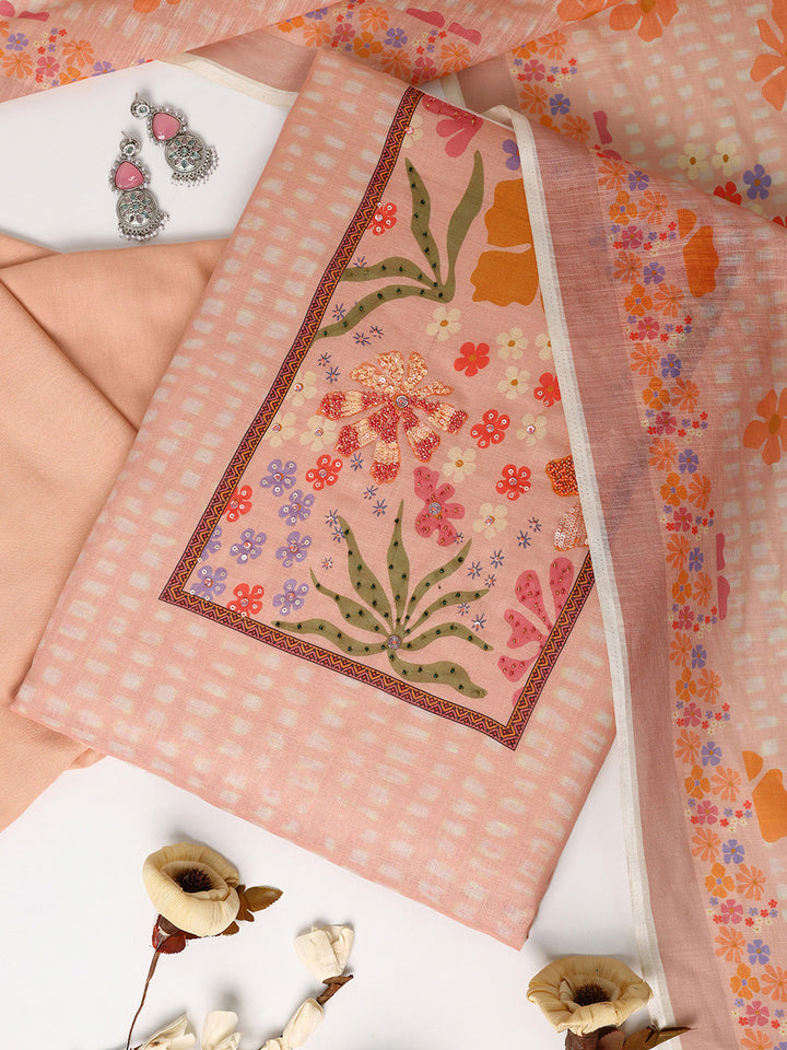Peach Printed Cotton Blend Dress Material With Dupatta