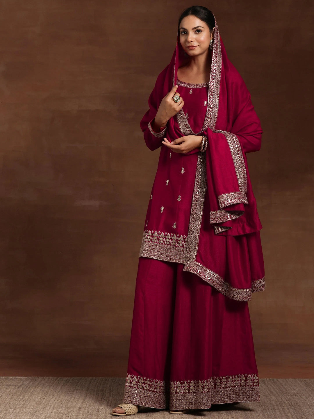 Pink Embroidered Silk Blend Straight Suit With Dupatta
