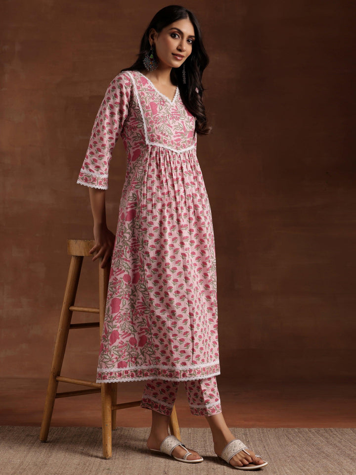 Pink Printed Cotton A-Line Kurta With Palazzos