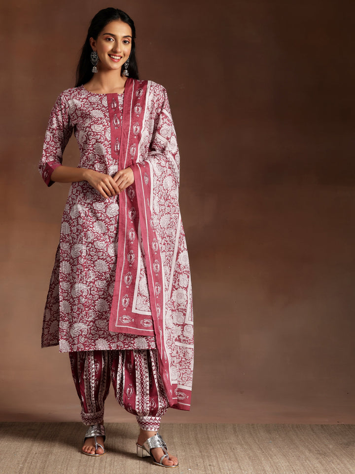 Wine Printed Cotton Straight Suit With Dupatta