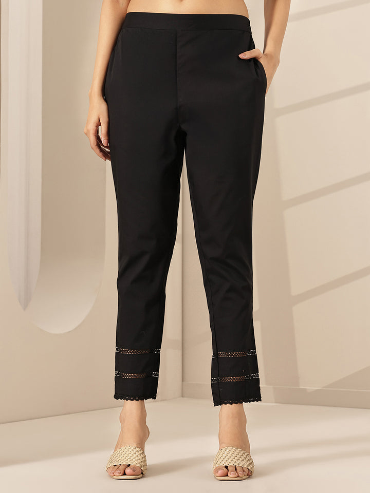 Black Solid Cotton Trousers