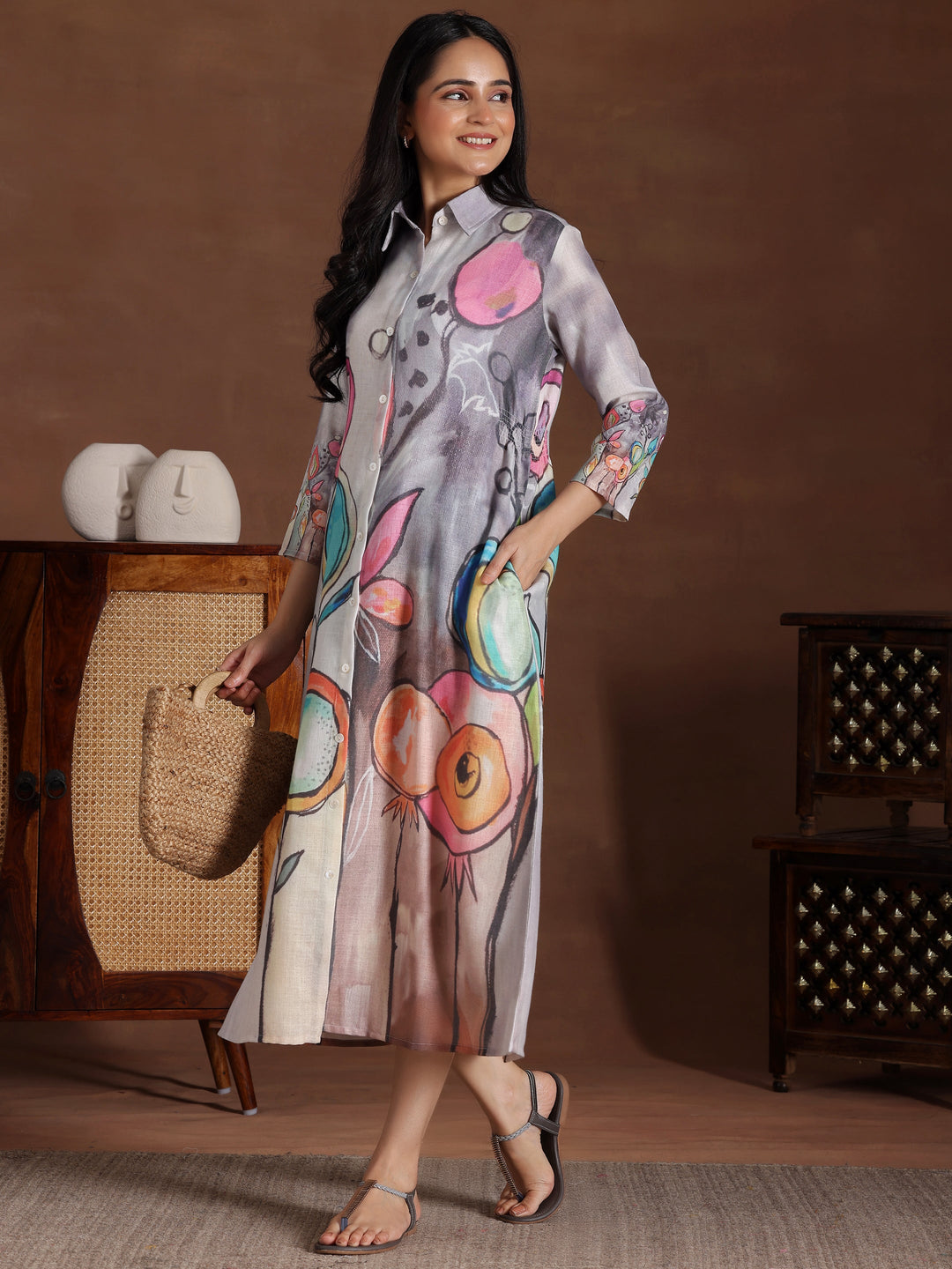 Grey Printed Cotton Blend Shirt Dress