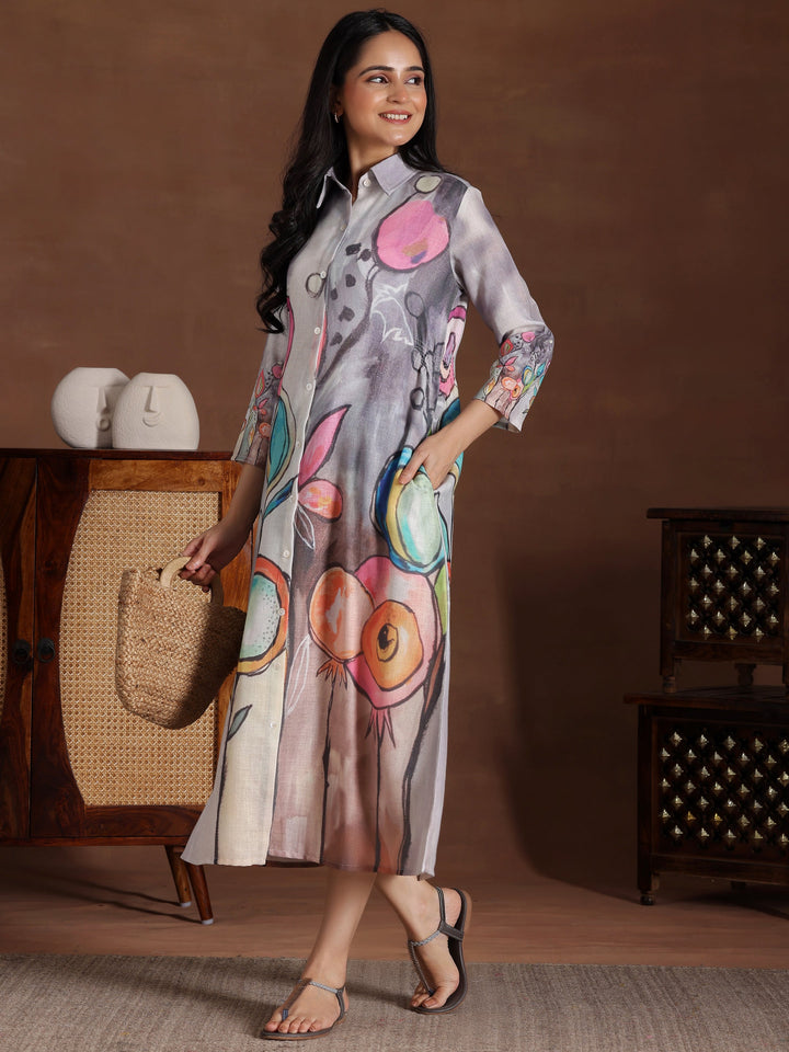 Grey Printed Cotton Blend Shirt Dress
