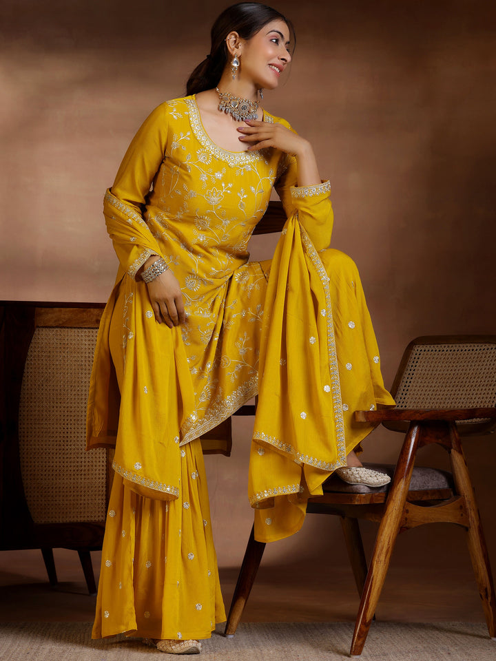 Mustard Embroidered Silk Blend Straight Suit With Dupatta