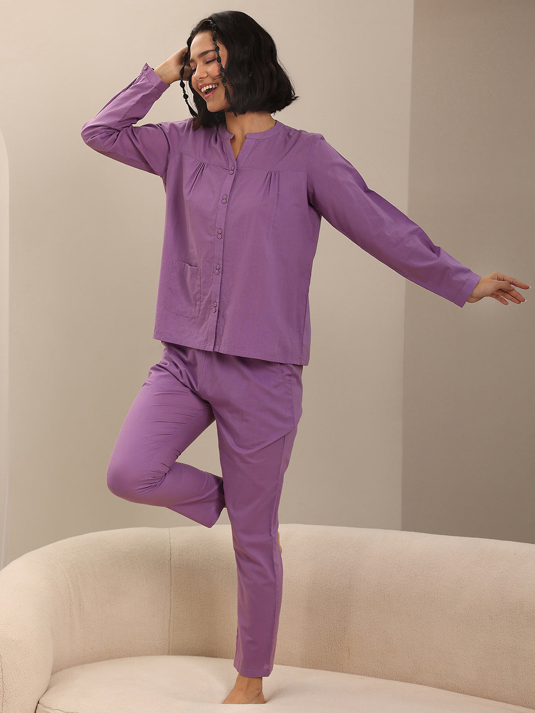 Purple Solid Cotton Night Suits