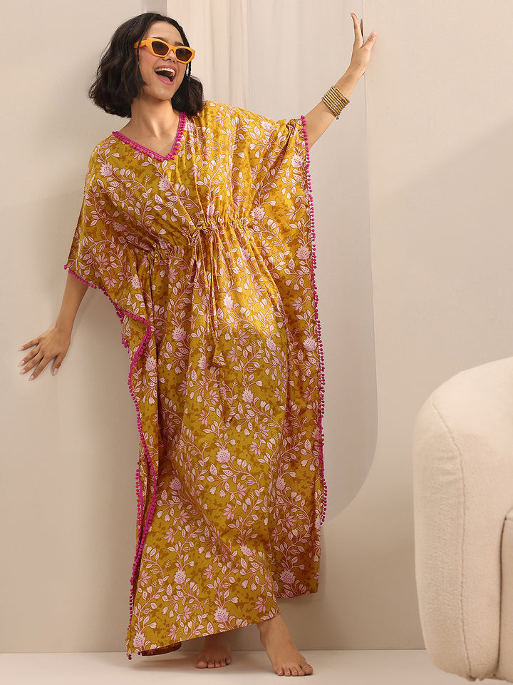 Mustard Printed Cotton Kaftan Night Dress