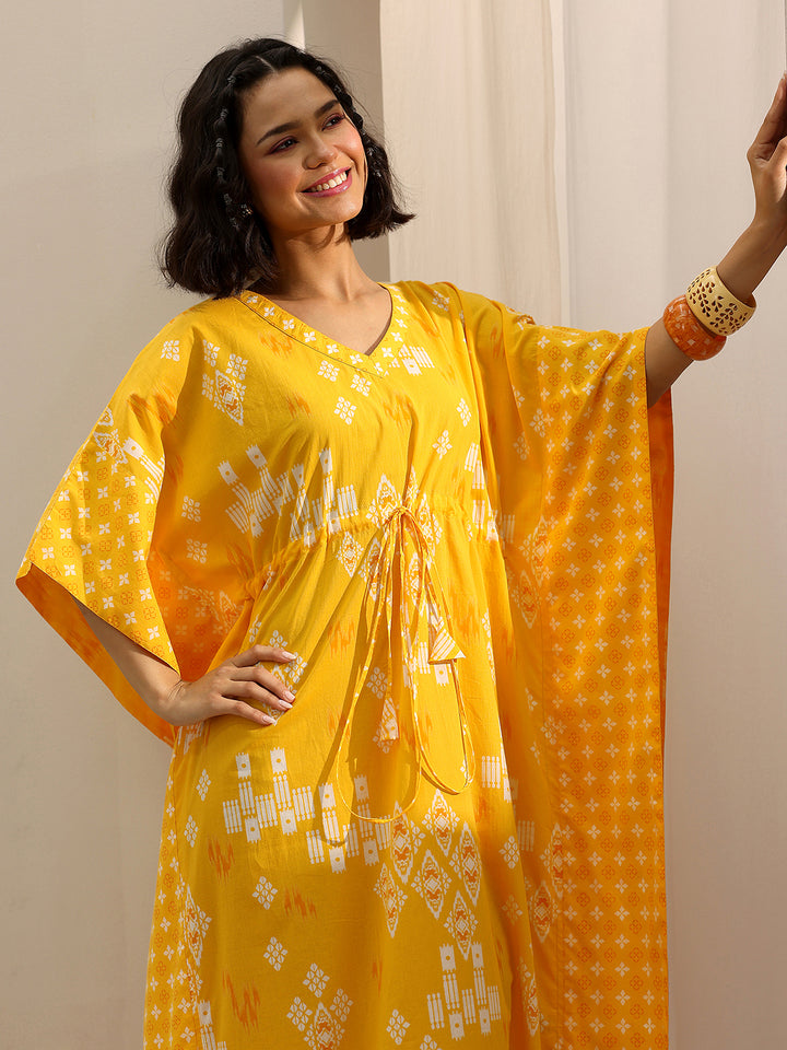 Yellow Printed Cotton Kaftan Night Dress