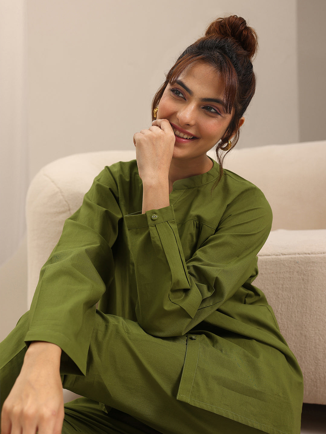 Olive Solid Cotton Night Suits