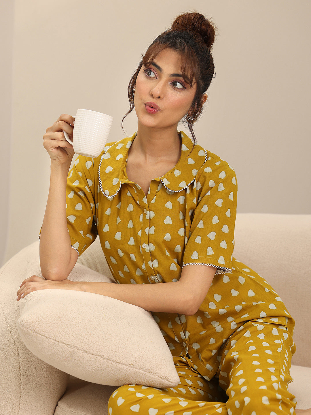 Mustard Printed Cotton Night Suits
