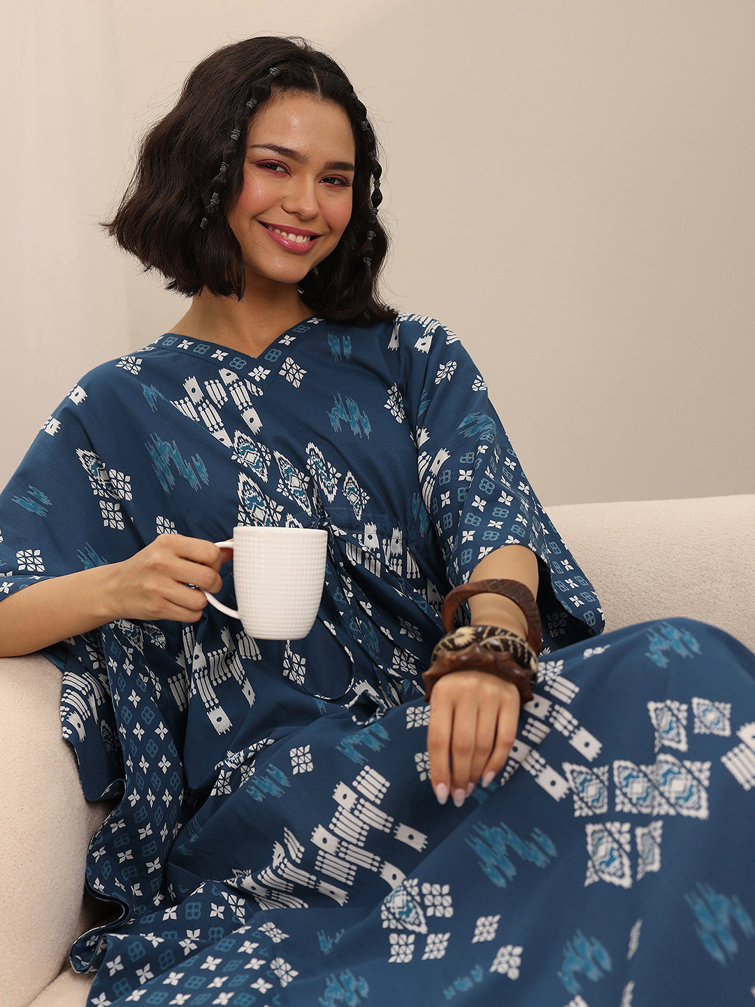 Blue Printed Cotton Kaftan Night Dress