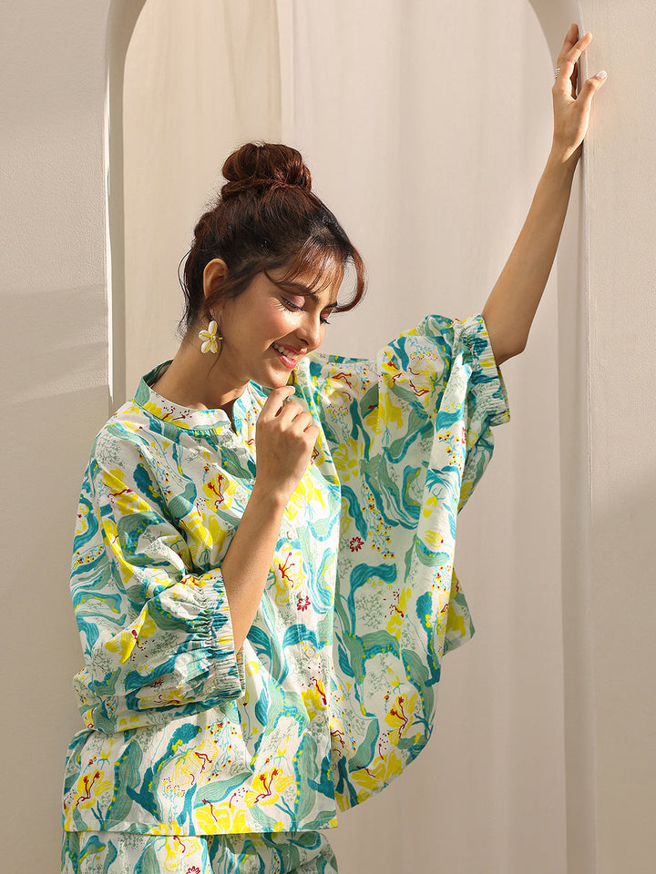 Off White Printed Cotton Night Suits