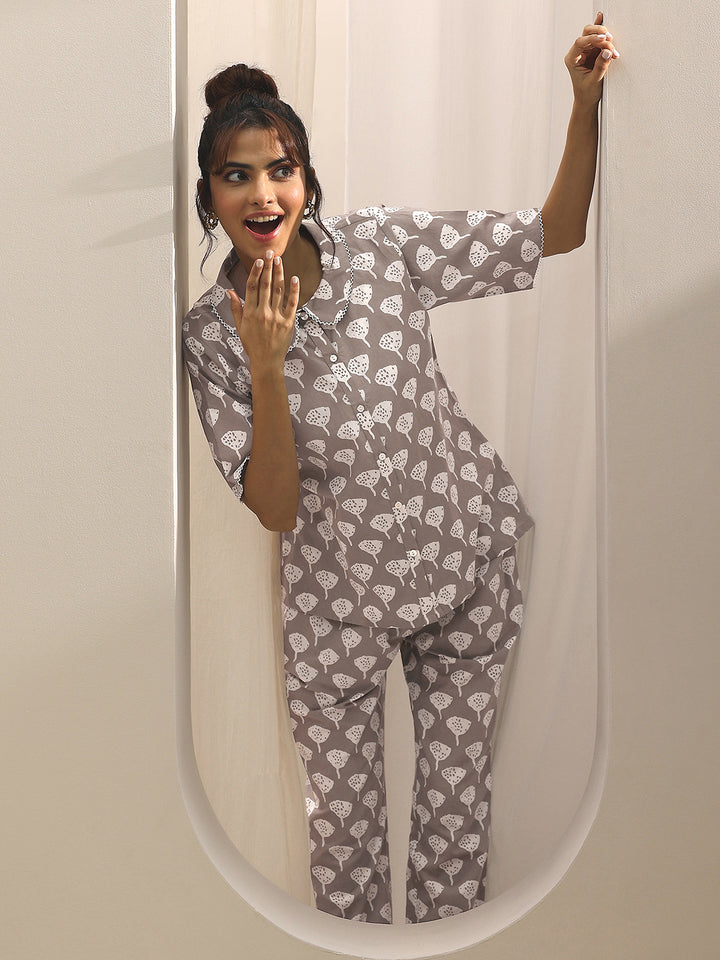 Grey Printed Cotton Night Suits