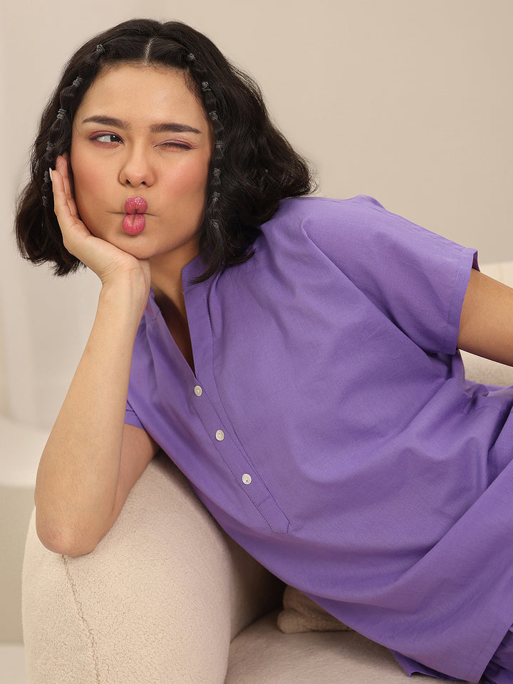 Purple Solid Cotton Night Suits