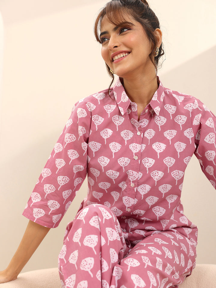 Pink Printed Cotton Night Suits