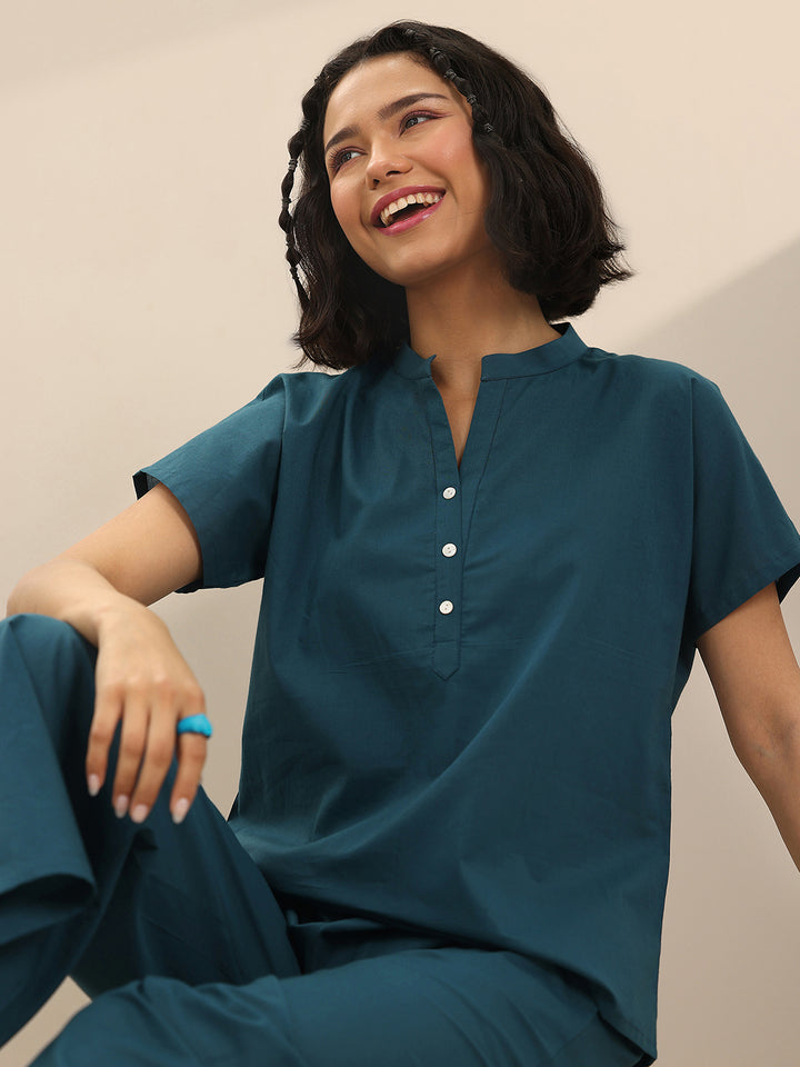 Teal Solid Cotton Night Suits