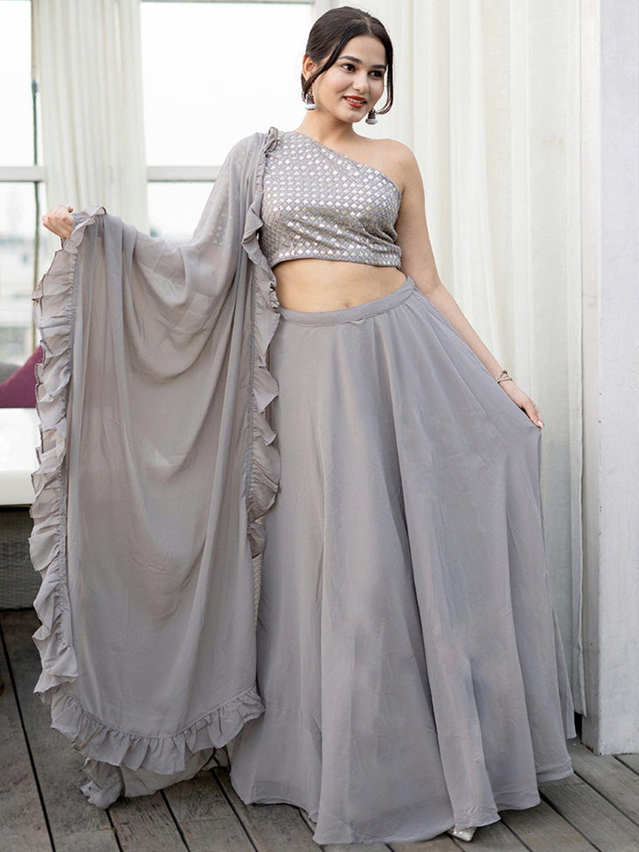 Grey Sequinned Georgette Lehenga Set With Potli