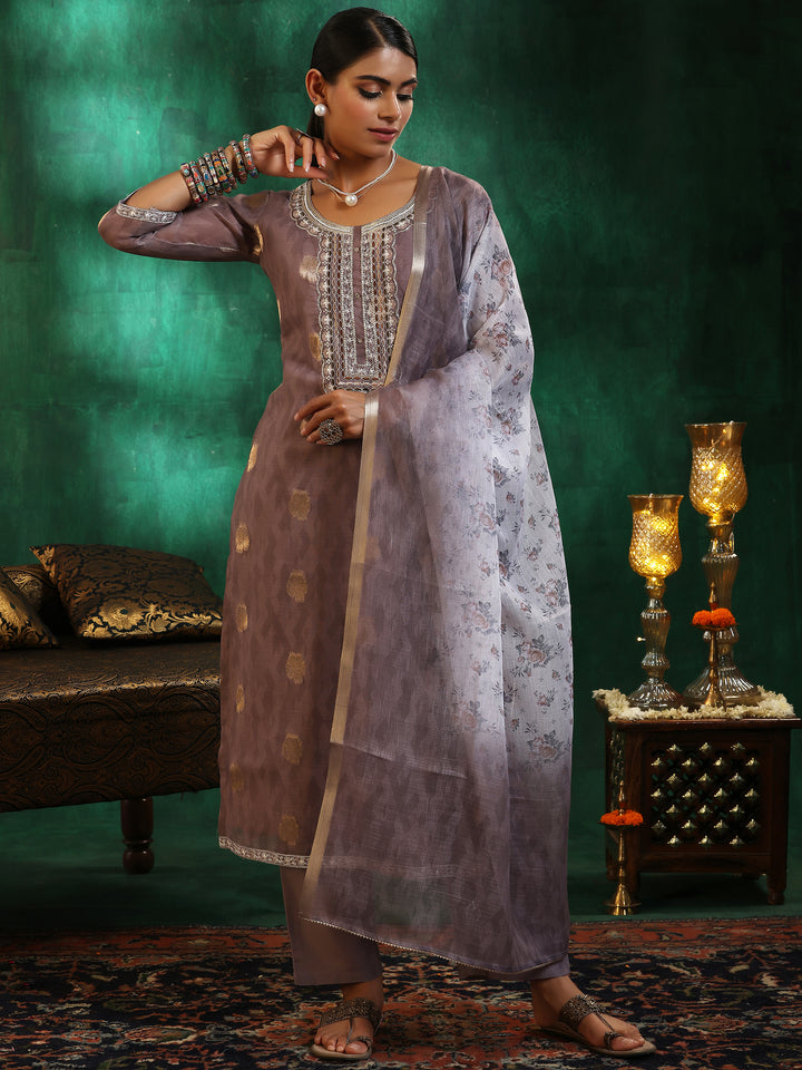 Brown Printed Silk Blend Straight Suit With Dupatta