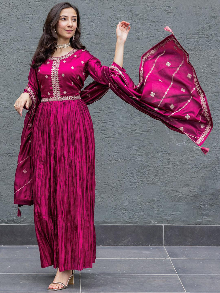 Fuchsia Embroidered Silk Blend Anarkali Suit Set With Trousers