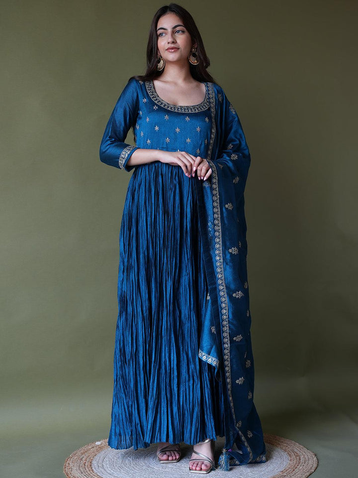 Teal Embroidered Silk Blend Anarkali Suit Set With Trousers
