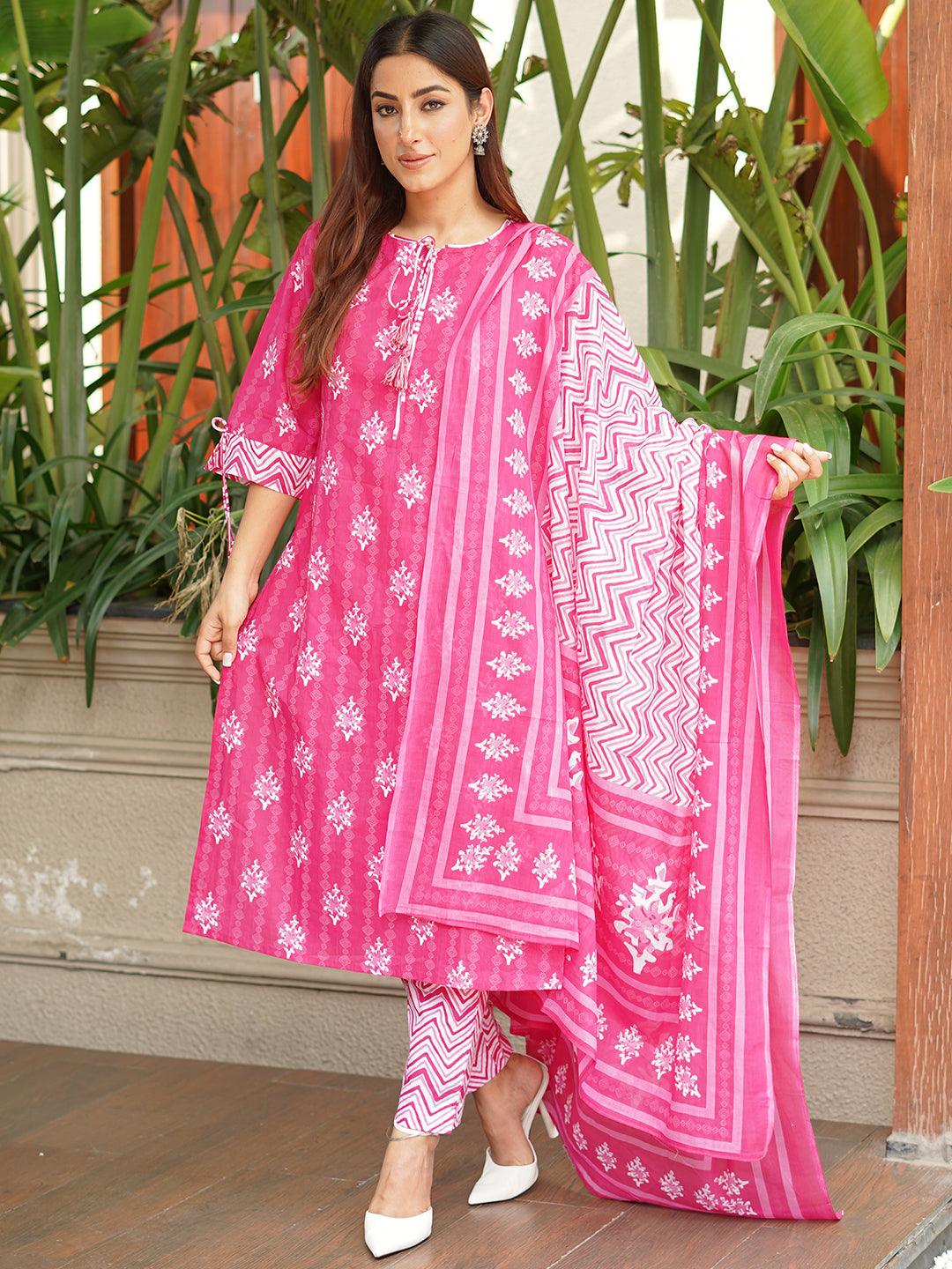 Pink Printed Cotton Straight Kurta With Trousers & Dupatta - ShopLibas