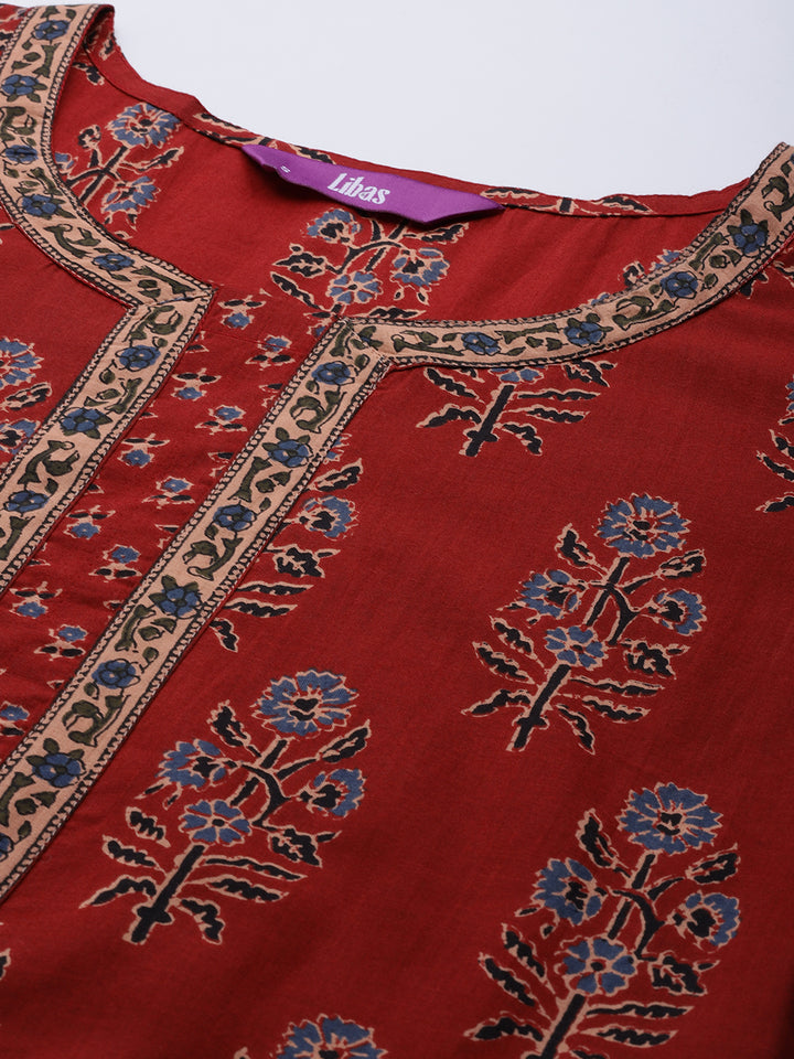 Maroon Printed Cotton Kurta