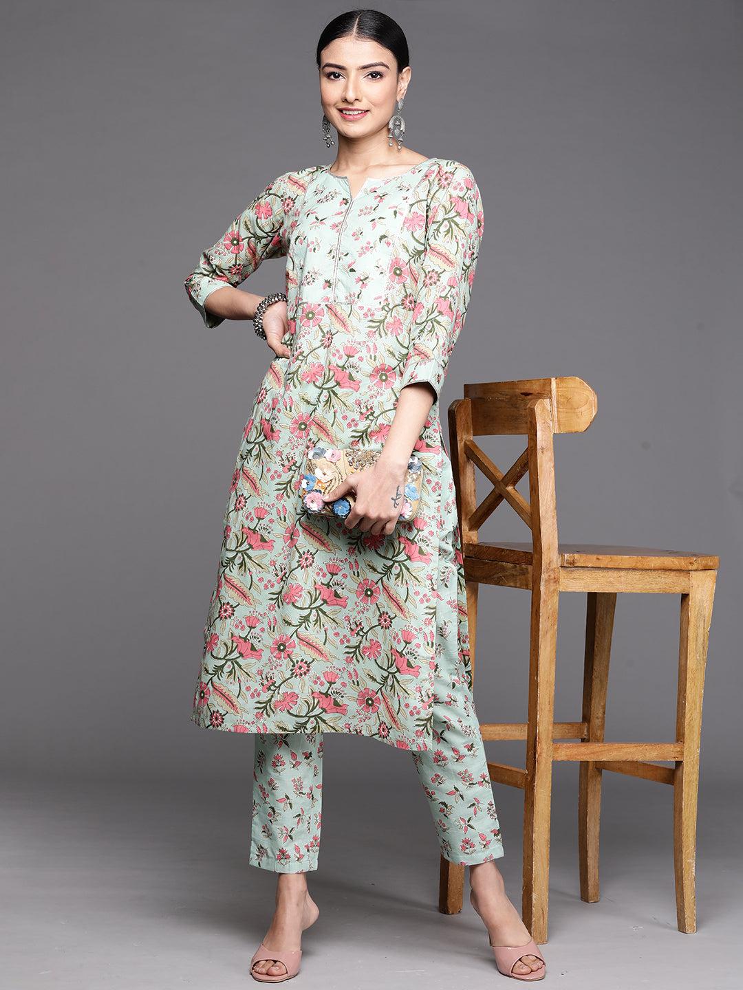 Turquoise Blue Yoke Design Cotton Kurta