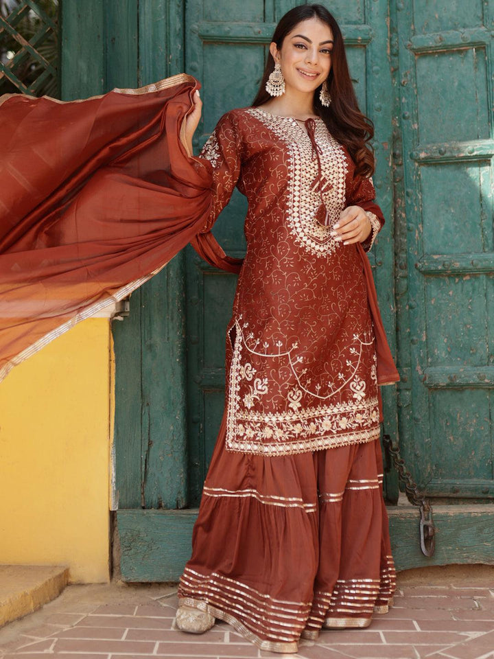 Rust Yoke Design Silk Blend Suit Set With Sharara