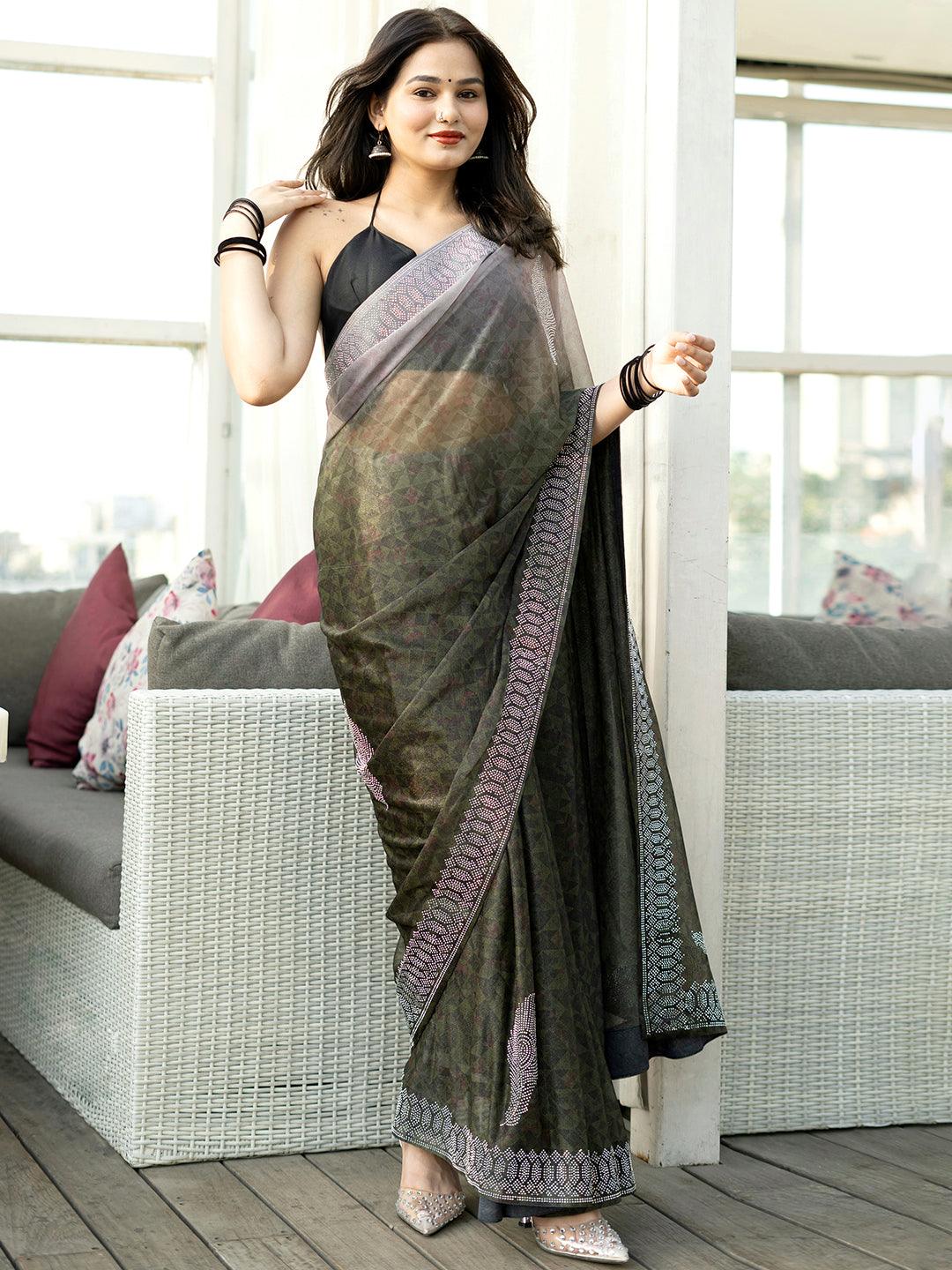 Olive Solid Lycra Saree - ShopLibas