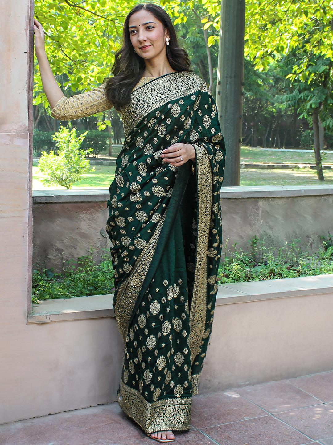 Green Embroidered Silk Blend Saree - ShopLibas