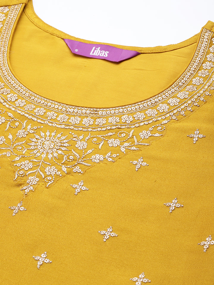 Mustard Embroidered Silk Straight Kurta