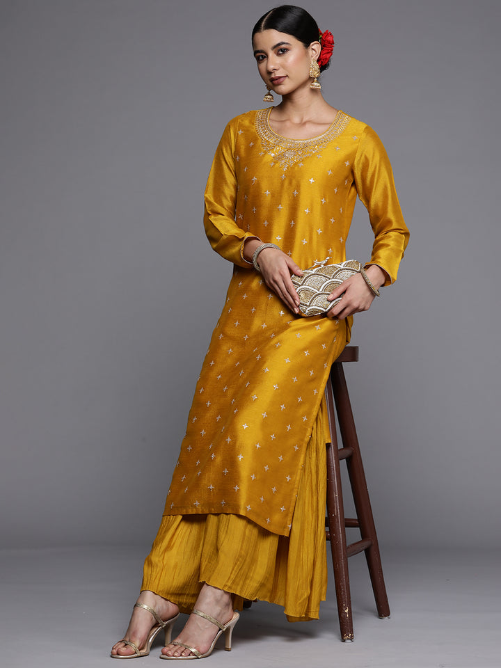 Mustard Embroidered Silk Straight Kurta