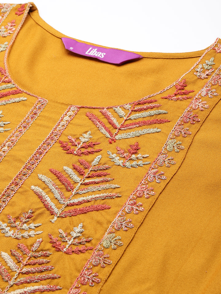 Mustard Embroidered Pashmina Wool Straight Kurta