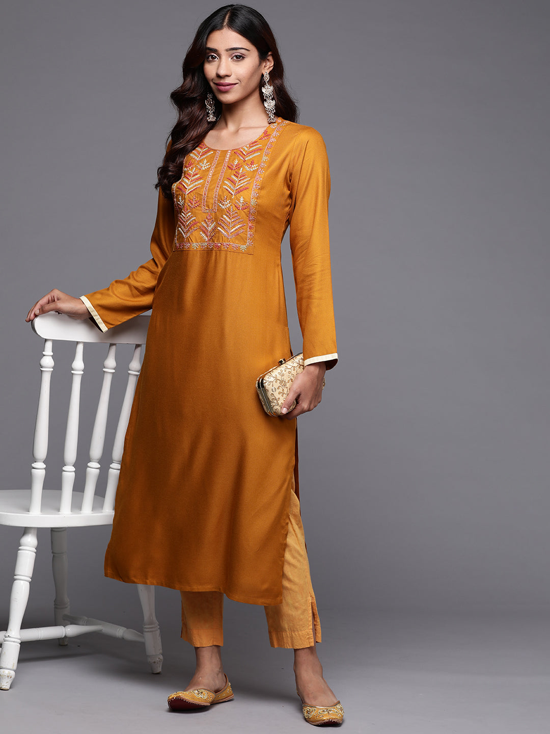 Mustard Embroidered Pashmina Wool Straight Kurta