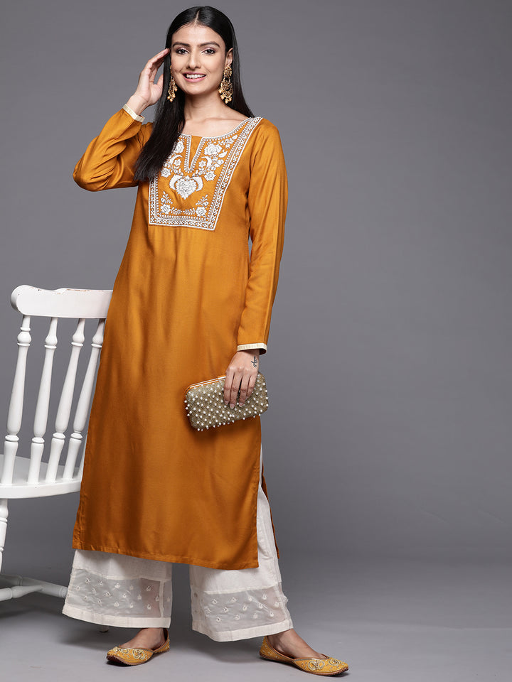 Mustard Embroidered Pashmina Wool Straight Kurta