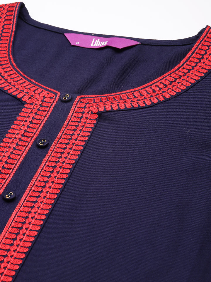 Navy Blue Embroidered Pashmina Wool Straight Kurta