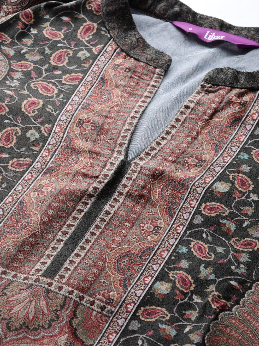 Olive Printed Velvet Straight Kurta