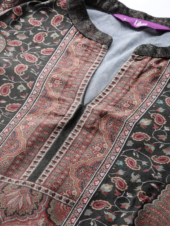 Olive Printed Velvet Straight Kurta