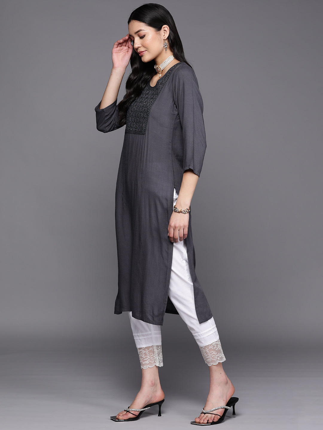 Grey Yoke Design Rayon Straight Kurta