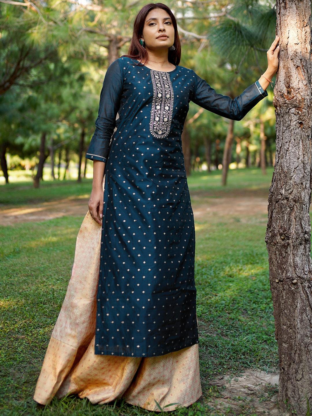 Buy Teal Woven Design Chanderi Silk Straight Kurta Online at
