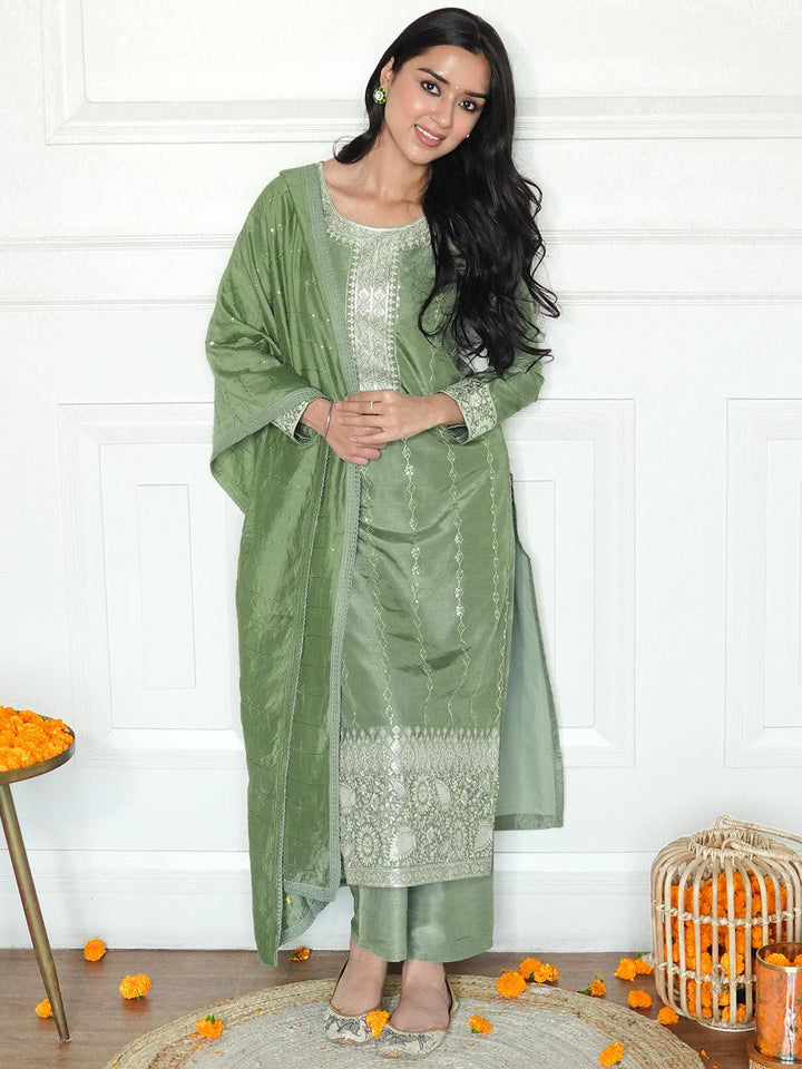 Green Embroidered Silk Straight Suit With Dupatta