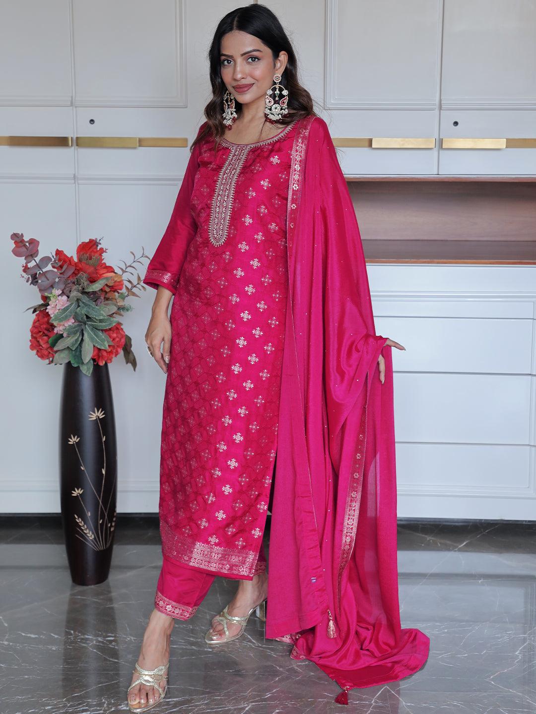 Magenta Woven Design Silk Blend Straight Kurta With Trousers & Dupatta - ShopLibas
