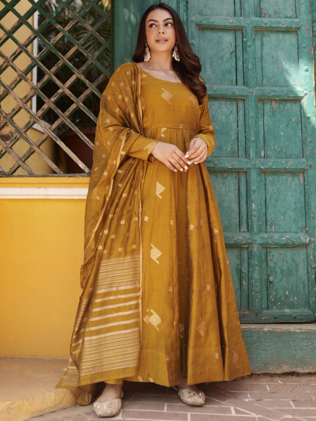 Mustard Woven Design Chanderi Silk Anarkali Suit With Dupatta L Mustard Woven Design Chanderi Silk Anarkali Suit With Dupatta L