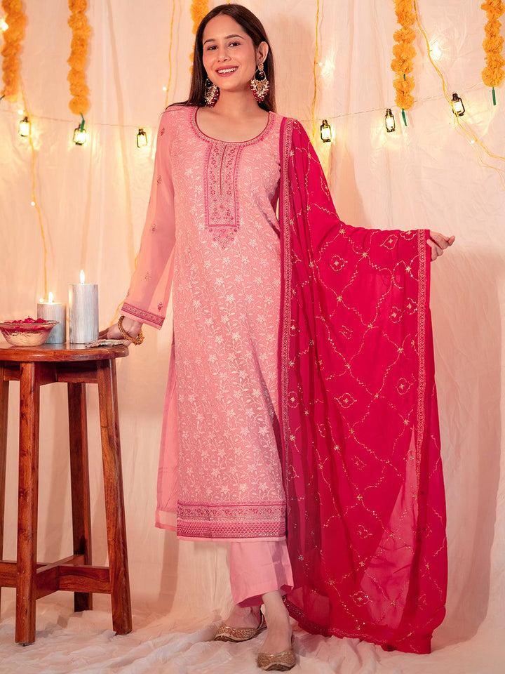 Peach Embroidered Georgette Straight Suit With Dupatta