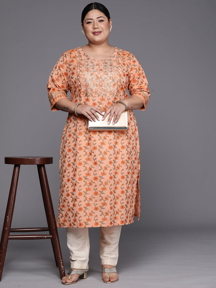 Plus Size Orange Yoke Design Cotton Silk Straight Kurta